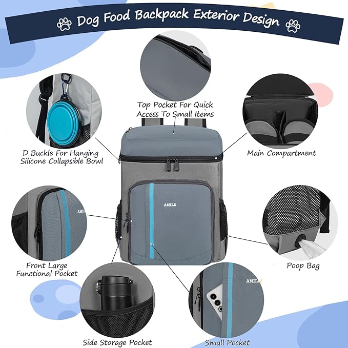 ANILD Dog Travel Backpack - Airline Approved Double-layer Pet Travel Backpack with 2 Food Storage Bag and 2 Foldable Silicone Bowls for Hiking & Camping