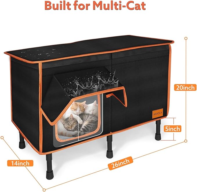 Heated Outdoor Cat House for Outside Winter 100% Waterproof Oxford Tarpaulin with Safe Escape Door and 5" Elevated Base with Heater for Feral Barn Cat Kitty (26“x20”x14“)