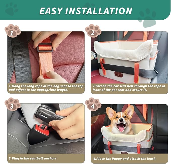 Dog Car Seat for Small Dogs, Fuzzy Dog Car Seat Stable, Waterproof, Foldable with Clip-On Safety Leash, Pet Booster Seat Suitable for Front and Rear Seats (Khaki1-25lbs)