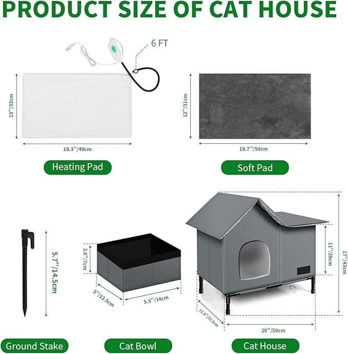 Heated Cat House,Removable Weatherproof Cat Houses for Outdoor Cats with Heating Pad (Gray, Medium)