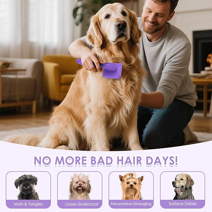 Large Slicker Brush for Dogs – 3pc Grooming Kit with Undercoat Rake & Comb, Deshedding Pin Brush for Mats & Shedding on Long-Haired & Double-Coated Dogs, Cats, Poodles & Goldendoodle, Purple