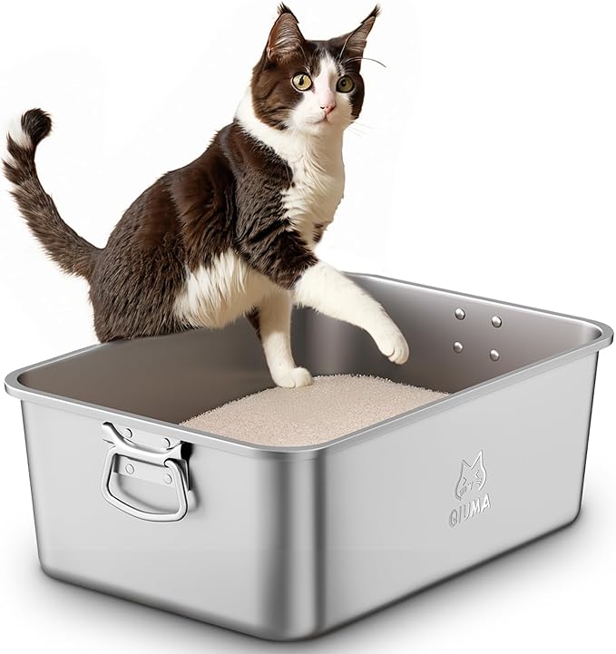 Stainless Steel Litter Box with Handle, Large Cat Litter Box with High Sides, Odor-Free, Non-Stick, Easy to Clean, 19.5"×13.6"×7.8", Ideal for Medium to Large Cats