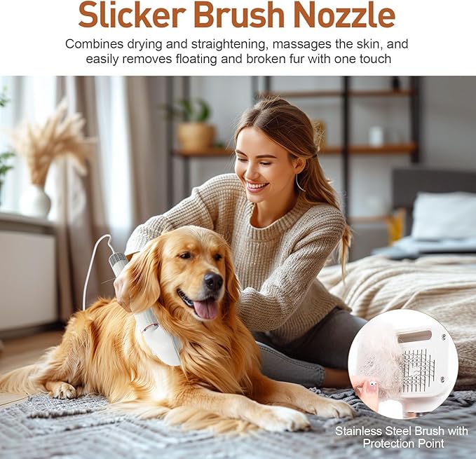 Discala Dog Dryer, Dog Grooming Blow Dryer Kit with Slicker Brush for Pet, High Velocity Blow Dryer for Dogs with Adjustable Speed and Temperature for Dog Grooming Supplies and Home Use, White