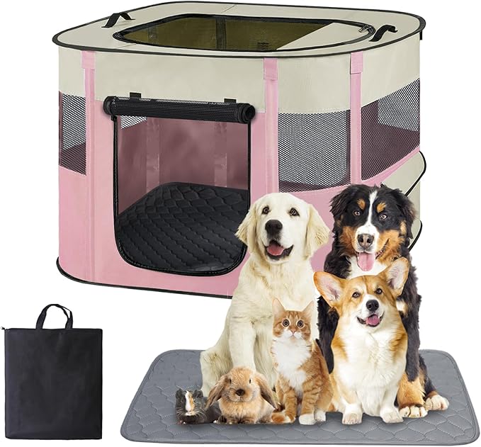 Pet Dog Cat Playpen with Waterproof Pad,Portable Puppy Kitten Rabbit Crate and Other Small Animals Kennel Cage Tent for Indoor Outdoor Travel Camping,Water-Resistant Breathable Shade Cover (Pink S)