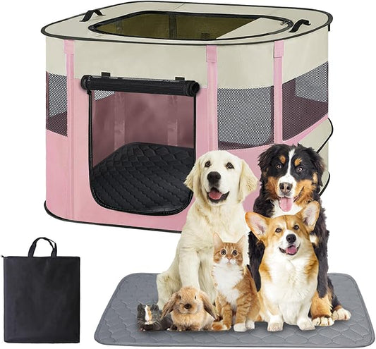 Pet Dog Cat Playpen with Waterproof Pad,Portable Puppy Kitten Rabbit Crate and Other Small Animals Kennel Cage Tent for Indoor Outdoor Travel Camping,Water-Resistant Breathable Shade Cover (Pink S)