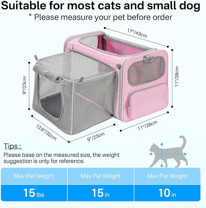 Expandable Cat Carrier, Airline Approved Soft Sided Pet Carrier for Cats & Small Dogs Up to 15 lbs, with Locking Safety Zippers & Cozy Fleece Pad, Portable for Car & Vet Visits, Pink