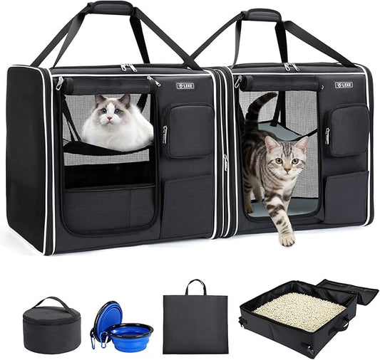 Lekereise Extra Large Cat Carrier Soft Sided, 37" x 18" x 18", Large cat Travel Carrier for 2 Cats with Zipper Locks for Moving Across The Country, Foldable for Storage, Black