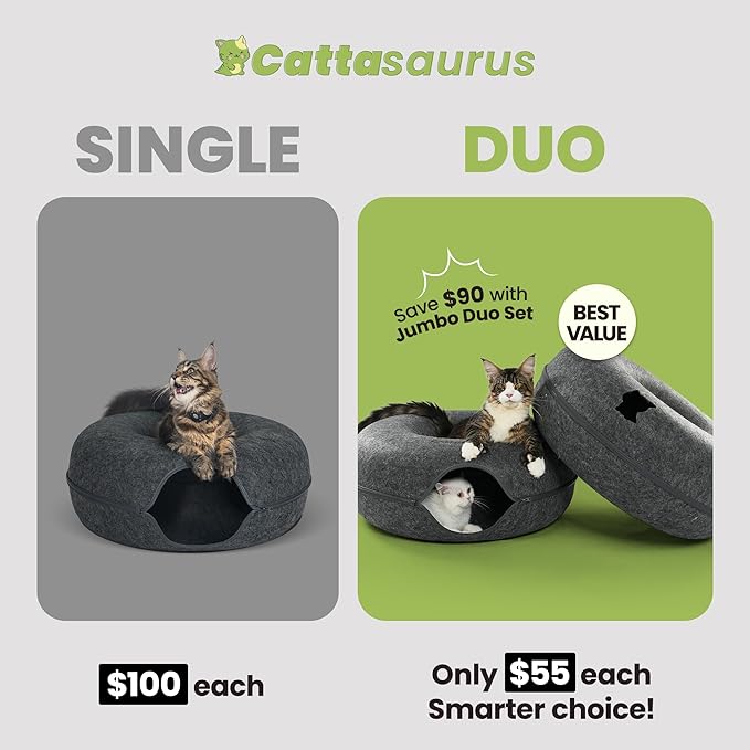 Cattasaurus Peekaboo Cat Cave Duo Jumbo Set, Extra Spacious Cat Donut for Multiple & Large Kitty 15+ lbs, Scratch Detachable Cat Beds for Indoor Cats, Washable Cat Tunnel Bed, Best Kitten Toys