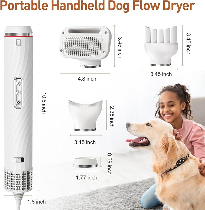 Discala Dog Dryer, Dog Grooming Blow Dryer Kit with Slicker Brush for Pet, High Velocity Blow Dryer for Dogs with Adjustable Speed and Temperature for Dog Grooming Supplies and Home Use, White