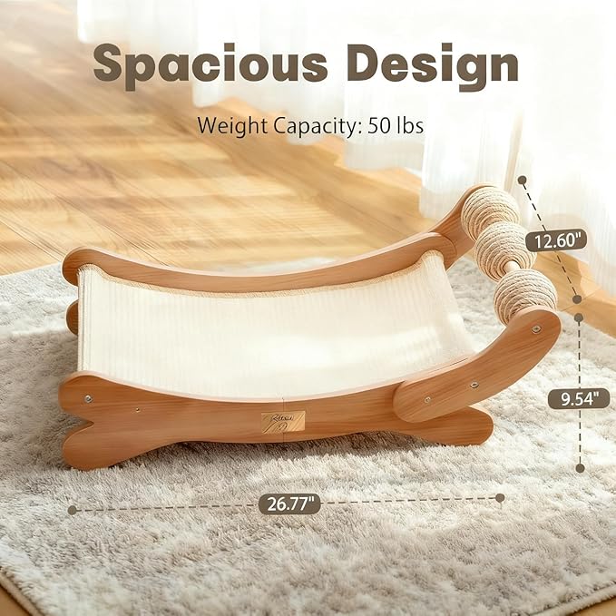 Sisal Cat Scratcher Bed with 3 Toy Balls for Indoor Cats, Durable Wooden 3-in-1 Hammock Lounge & Scratch Pad - Modern Furniture for Large Cats, Scratching Post Lounger