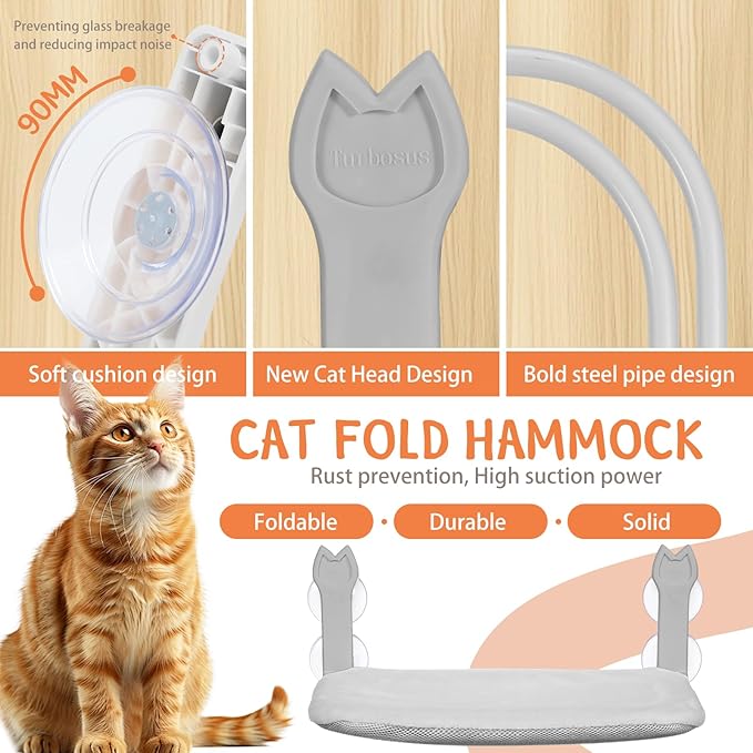 2 Pack Cat Window Perch,Cat Window Hammock Cordless Foldable Window Bed with 4 Large Strong Suction Cup,Reversible Cushion Cover,Metal Frame Easy to Adjust Window Seat Holds up to 40lbs(Dark Gray，M)