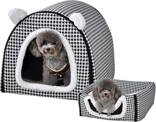 Dog Bed or Cat Bed,2 Ways to Use,Indoor Pet House with Fluffy Mat,Removable and Washable Cover,Non-Slip Bottom,for Medium Dogs and Cats(L Black Cranes)
