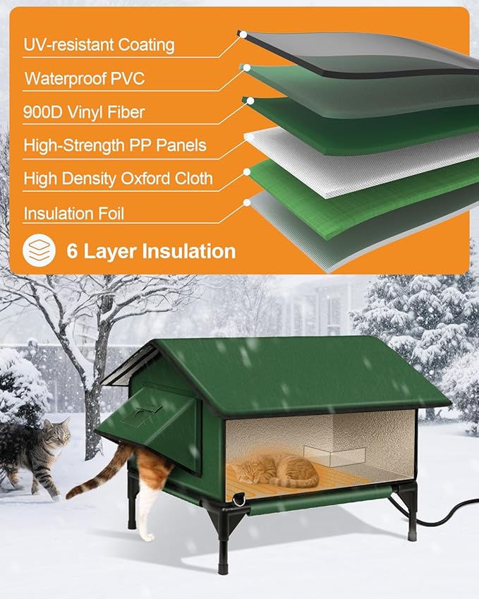 100% Waterproof Heated Cat House for Outdoor with Safe Escape Door, Heated Cat Bed Weatherproof Cat Shelter Kitty with Cat Heating Pad, Insulated Warm House for Feral Cat (Green, S)