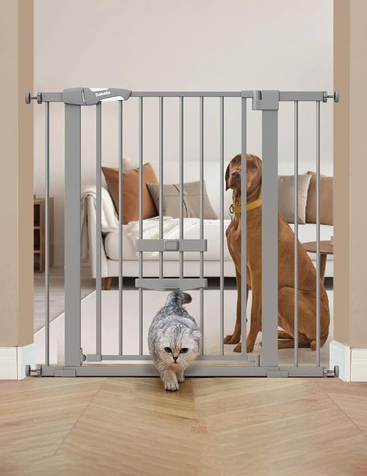 BABELIO 36 Inch Extra Tall Baby Gate with Cat Door, 29-40" Metal Pet Door for Stairs, Doorways, House, Auto Close, Easy Walk Thru, Gray