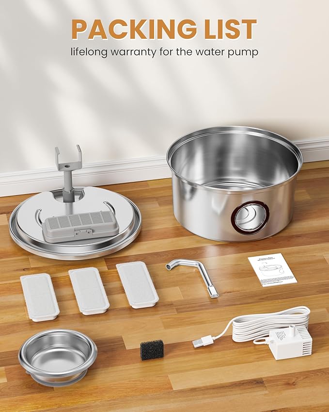 Cat Water Fountain Stainless Steel - 108oz/3.2L Ultra-Quiet Cat Fountain for Drinking with Removable Water Bowl, Kitty Spout Fountain with 3 Filters Supplies for Cats, Small Dogs, Multiple Pets