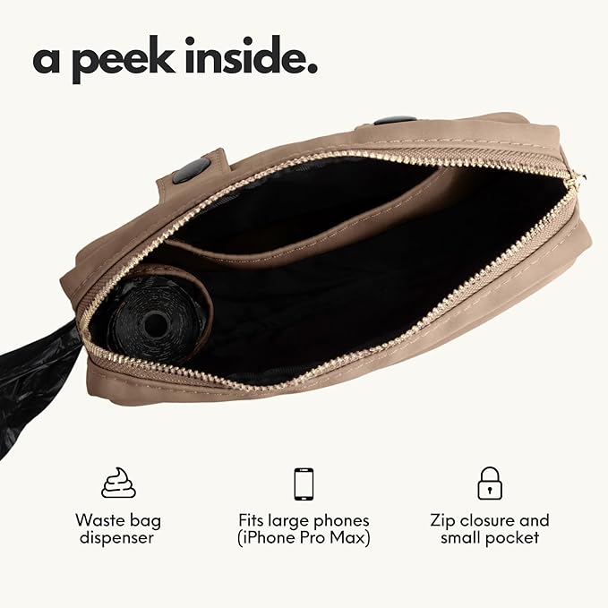 elby - Hands Free Dog Leash with Treat Pouch - Dog Walking Accessories - Dog Training Leash with Fanny Pack - Dog Accessories and Walking Essentials - Medium and Large Dogs (Dark Beige, Regular)