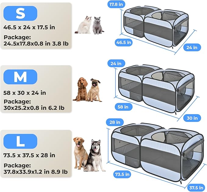 2-in-1 Dog Playpen, 58''Pop Up Cat Puppy Pet Playpen Indoor/Outdoor Cats Enclosed, Cat Dog Tent Crate Cage Kennel, Portable Playpen for Kitten, Small Animals Play Pen(No Divider, Unified Space)