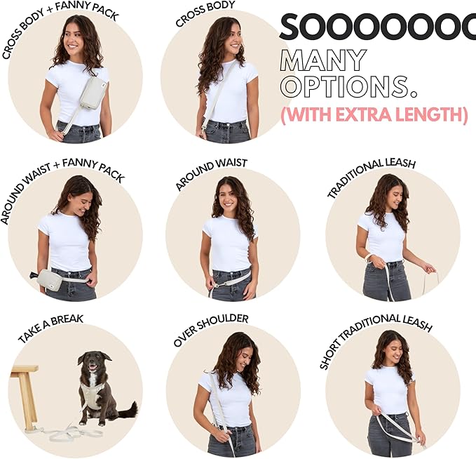 elby - Hands Free Dog Leash with Treat Pouch - Dog Walking Accessories - Dog Training Leash with Fanny Pack - Dog Accessories and Walking Essentials - Medium and Large Dogs (Beige, Long)