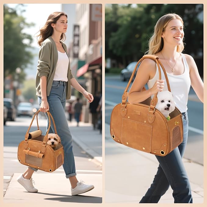 PetsHome Dog Carrier Purse, Pet Carrier, Foldable Waterproof Premium PU Leather Pet Travel Portable Bag Carrier for Cat and Small Dog Home & Outdoor Small Brown