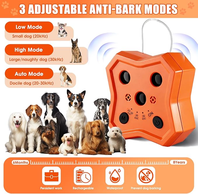 Anti Barking Device for Dogs: Ultrasonic Dog Bark Deterrent Devices with 3 Training Modes 50 FT | Dog Barking Silencer Bark Box for Indoor Outdoor | Stop Barking Control Device for Dogs (Orange)