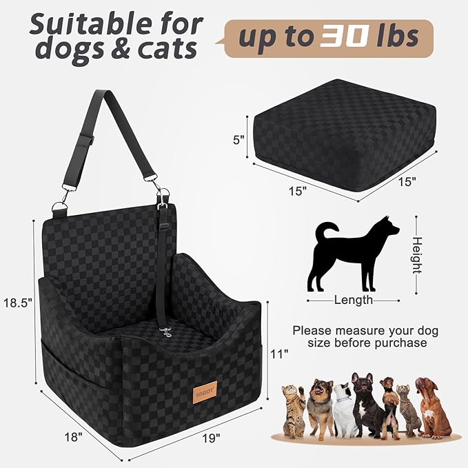 JOEJOY Elevated Dog Car Seat for Small/Medium Dogs up to 35 lbs, Memory Foam Booster Seat with Detachable Washable Cover, Travel-Safe Car Bed with Safety Belts & Storage Pockets, Black