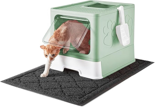 Cat Litter Box with X-Large Litter Mat and Scoop, Large Foldable Litter Box with Lid, Enclosed Kitty Box,Front Top Entry Exit, Odor Control Easy to Clean (Upgrade Green)