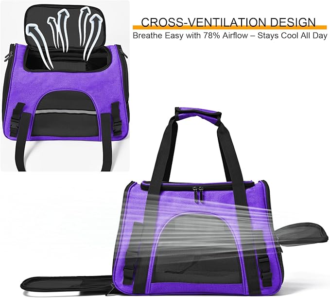 Dog Cat Carrier Soft for Small Pet Up to 16 Lbs TSA Airline Approved Travel Carrier Collapsible Puppy Car Mesh Bag 17.5 * 10.2 * 11.4 inch - Purple