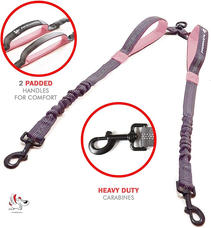 Pet Dreamland Exquisite Dual Dog Coupler for Medium Dogs. Trending Double Dog Leash Attachment with Tangle-Free Swivel. You Will Absolutely Love This Amazing Gear for 2 Dogs (Dark Grey & Pink)