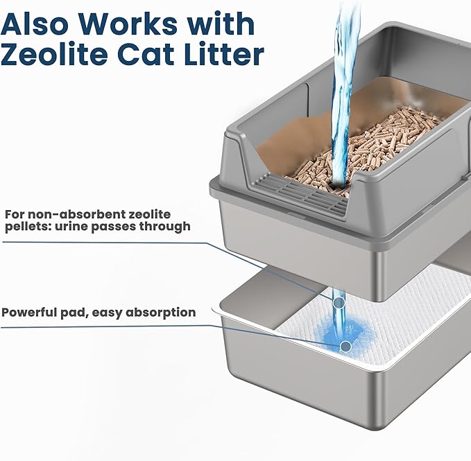 Stainless Steel Sifting Litter Box for Pine Pellets, 23.6" x 15.7" x 14.7" XL Sifting Cat Litter Box with Sifter, High Side for Big Cats, Anti-Leakage, Odor Control, Includes Scooper