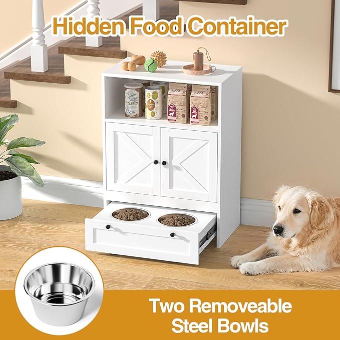 Giluta 32" High Dog Feeding Station with 2 Elevated Bowls, Pet Organizers and Storage Cabinet with 3 Hangers, Pet Feeder Station, Hidden Pet Storage Cabinet for Cats and Dogs