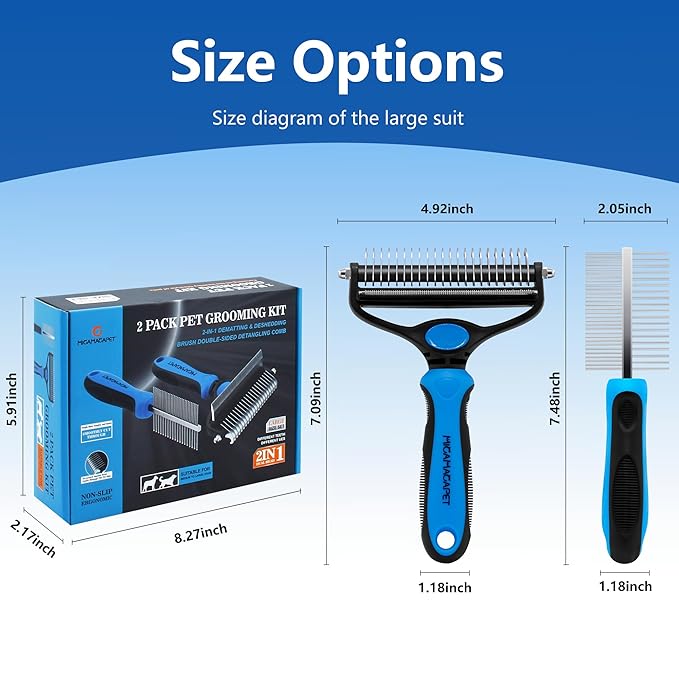 Dog Brush for Shedding, Deshedding Dog Brush for Long Haired Dogs, Cat Grooming Set 2 in 1 Undercoat Rake with Flea Comb-Large