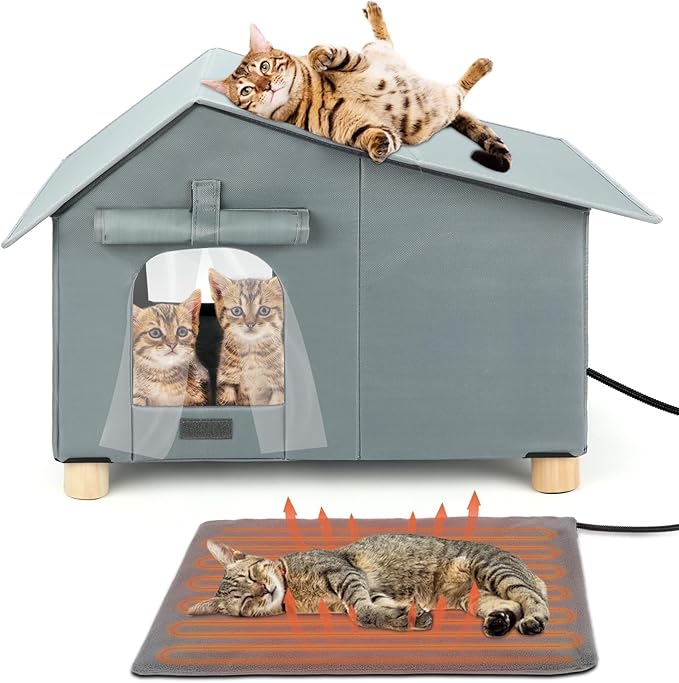 BWOGUE Elevated Heated Cat House for Outdoor Cats in Winter, Waterproof & Insulated Feral Cat Shelter for Outside Cats,Weatherproof Feral Cat House for Outside (Grey, Extra Large)