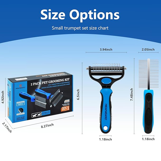 Cat Shedding Brush, Deshedding Brush for Long Haired Cats, Pet Grooming Tools 2 in 1 Undercoat Rake with Detangling Comb-Small