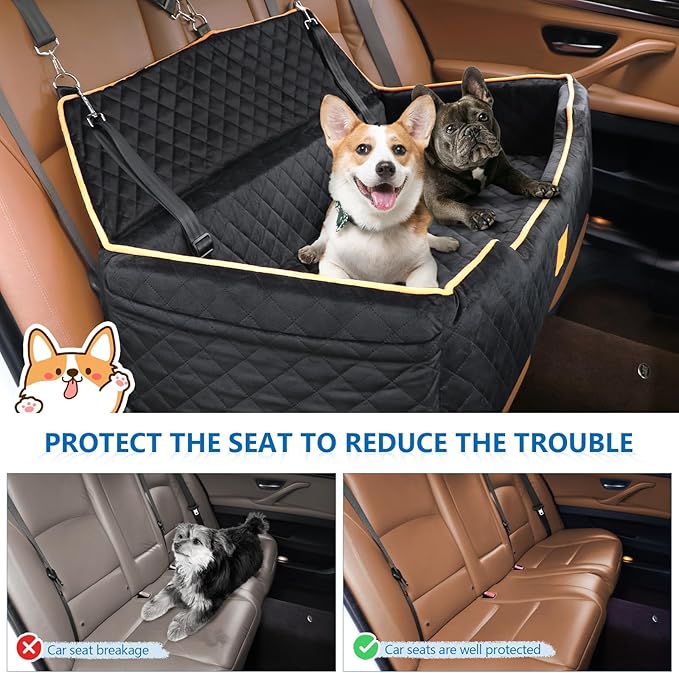 Large Dog Car Seat for Dods Under 100 Lbs, Memory Foam Dog Car Bed for Backseat & Trunk, Detachable and Washable Cover, Pet Travel Seat with Storage Pockets, 2 Safety Belts