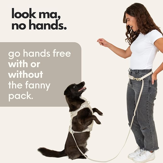 elby - Hands Free Dog Leash with Treat Pouch - Dog Walking Accessories - Dog Training Leash with Fanny Pack - Dog Accessories and Walking Essentials - Medium and Large Dogs (Beige, Long)
