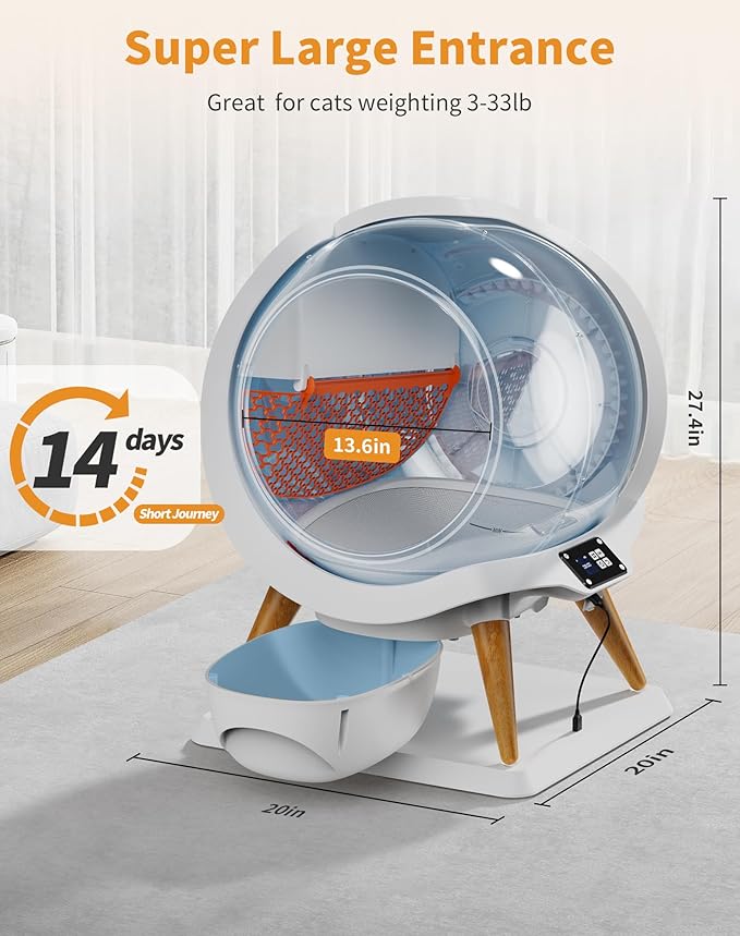 HoneyGuaridan Self Cleaning Cat Litter Box,IPX5 Waterproof Automatic Cat Litter Box,App Control, Odourless, Integrated Safety Protection, Water Rinsable and Easy to Clean, for Multiple Cats (3-33lb)