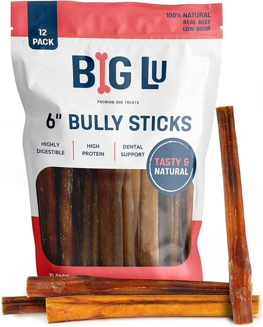 Big Lu - 6” Bully Sticks, 12 Count, Long-Lasting, Low-Odor, 100% Grass-Fed Beef Chews for All Dog Breeds, Natural Single-Ingredient, Fully Digestible Treats