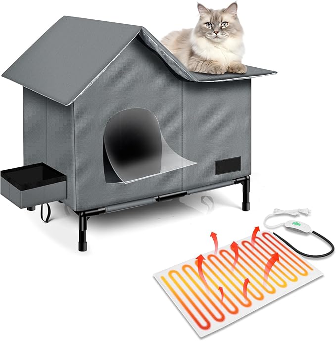 Heated Cat House,Removable Weatherproof Cat Houses for Outdoor Cats with Heating Pad (Gray, Medium)
