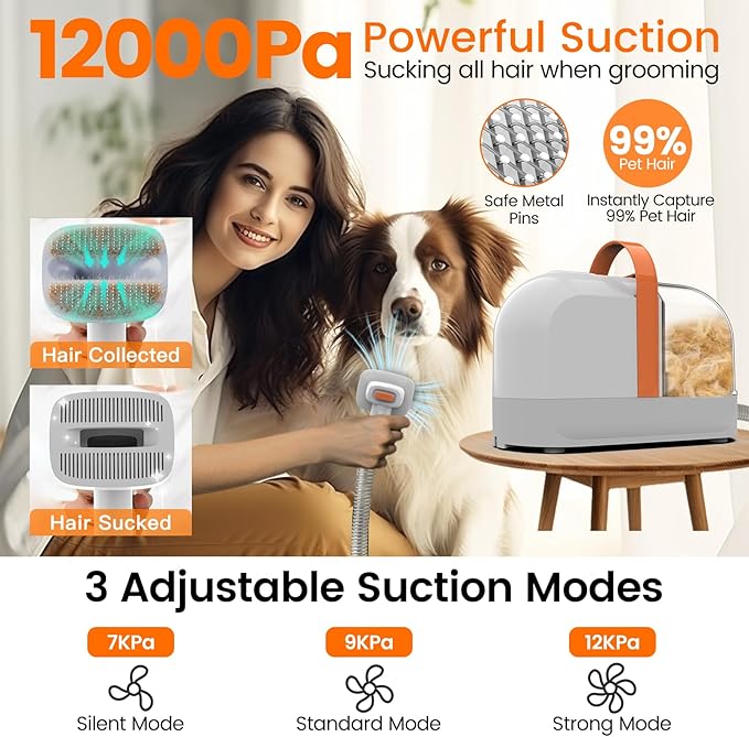 Dog Grooming Vacuum, Dog Grooming Kit with Pet Clippers, 12,000Pa Pet Hair Vacuum for Dogs, Low Noise Home Cleaning Tool in 1, PG10