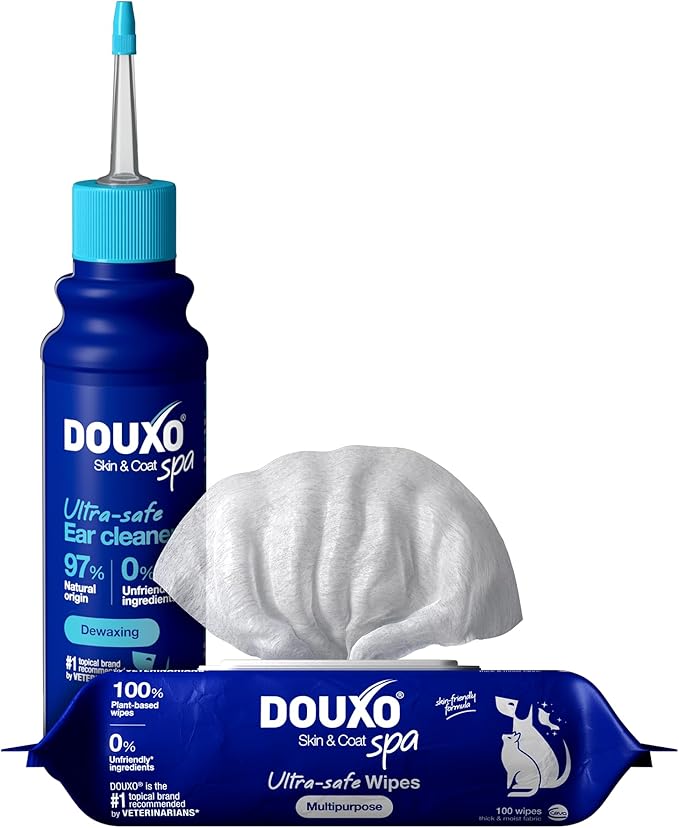DOUXO® Skin & Coat SPA – Ultra-Safe Combo for Dogs & Cats, Multipurpose Wipes (100 Count, Cleans & Refreshes Coat) + Dewaxing Ear Cleaner (4.1 fl oz, Safely Dewaxes Ears)