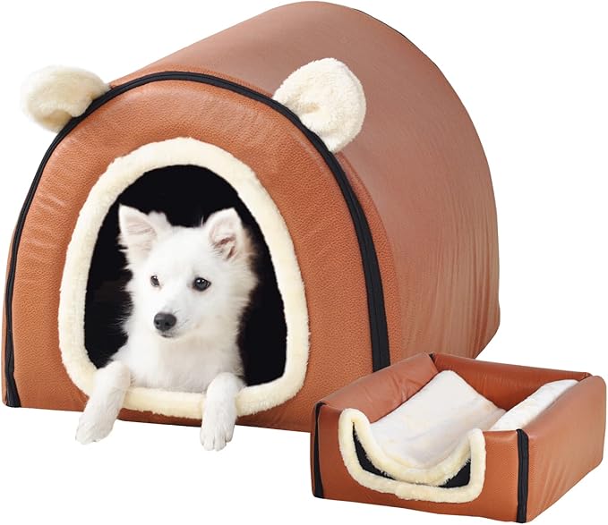 Dog Bed,2 Ways to Use,Indoor Pet House with Fluffy Mat,Removable and Washable Cover,Splash-Proof House and Non-Slip Bottom,for Large Dogs(XL Brown Faux Leather)