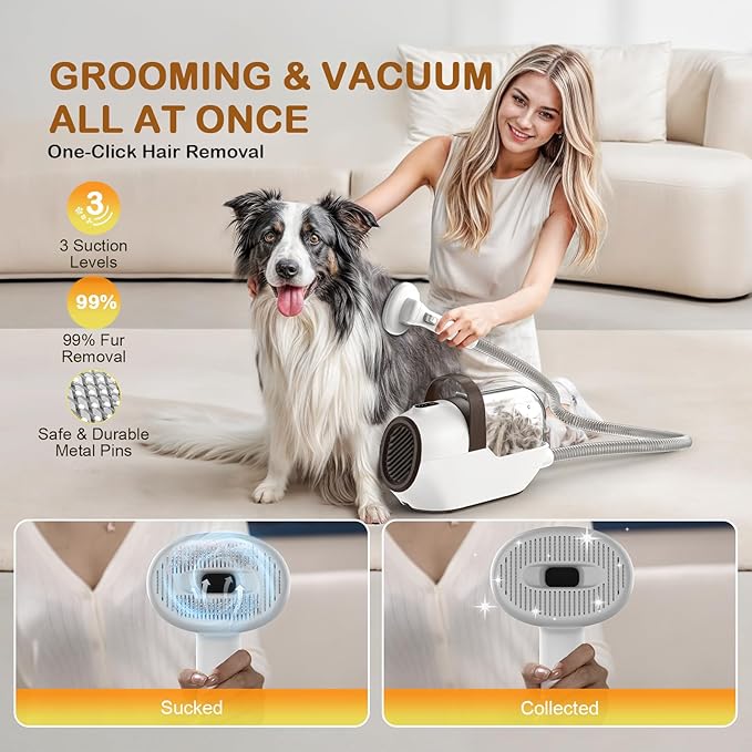 Dog Grooming Vacuum, Dog Grooming Kit with Pet Clipper Nail Grinder, 3 Suction Modes Dogs Brush Vacuum with 6 Pet Grooming Tools (Beige)