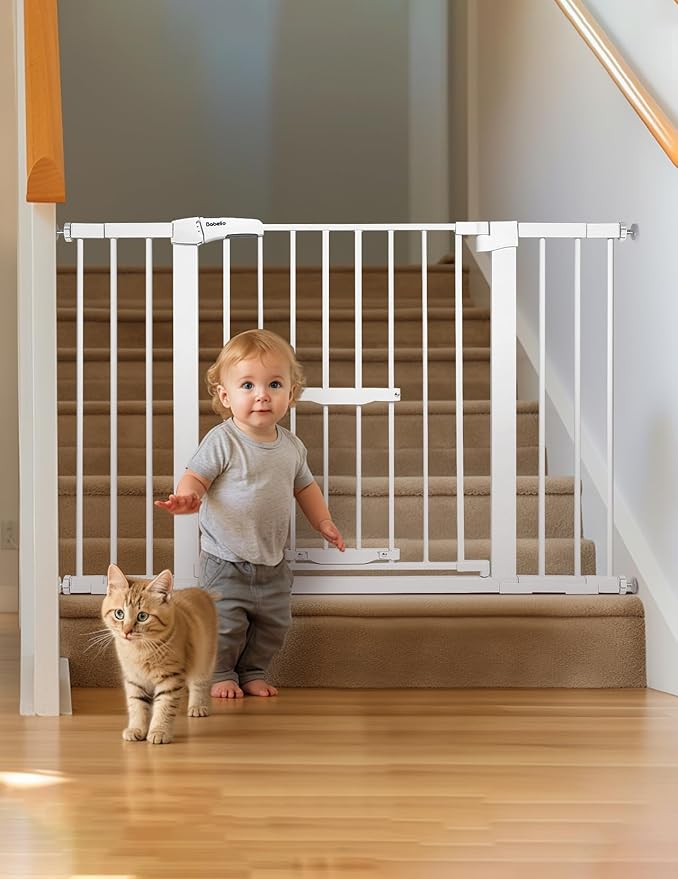 BABELIO 29-48" Extra Wide Baby Gate with Cat Door,Auto Close Metal Pet Door for Stairs, Doorways, House, Pressure/Hardware Mounted, Easy Walk Thru, White