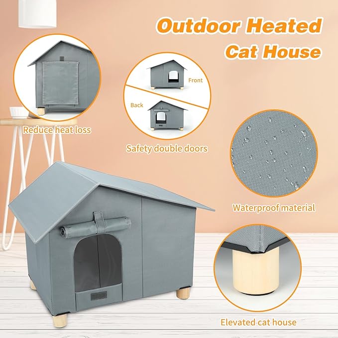 BWOGUE Elevated Heated Cat House for Outdoor Cats in Winter, Waterproof & Insulated Feral Cat Shelter for Outside Cats,Weatherproof Feral Cat House for Outside (Grey, Extra Large)