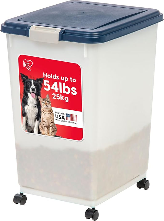 IRIS USA Airtight Pet Food Storage Container, Up to 54 lbs, Attachable Wheels, For Dog Cat Bird and Other Pet Food Storage Bin, Keep Fresh, Easy Mobility, BPA Free, Navy/Pearl