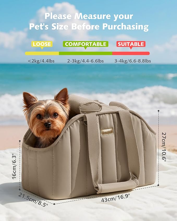 Pecute Dog Purse Carrier, Lightweight Dog Carriers for Small Dogs with Large Pockets, Dog Soft-Sided Carriers up to 9lbs, Pet Carrier for Puppy Cat Rabbit, Suitable for Travel, Subway, Khaki