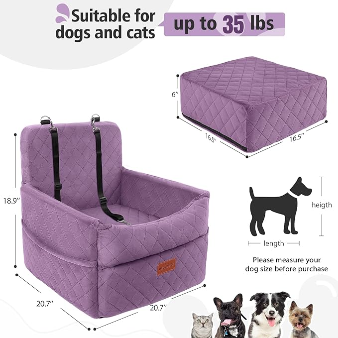 Small Dog Car Seat, Memory Foam Dog Booster Seats with Thick Cushion for Medium Dogs Under 35lbs, Detachable Washable Pet Car Seat Bed with Storage Pockets,2 Safety Belts Purple
