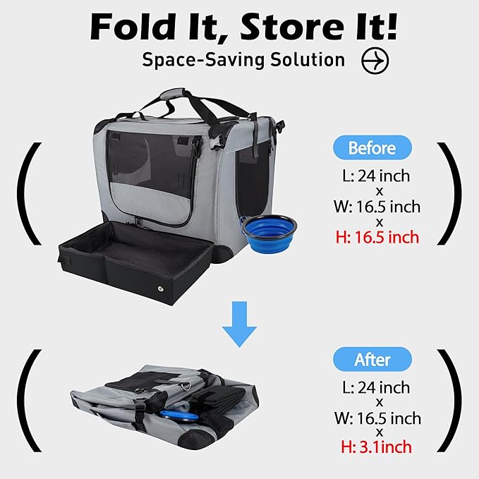 Large Cat Carrier 24"x16.5"x16.5" Soft-Sided Portable Pet Crate for Car Traveling with Collapsible Litter Box and Bowl