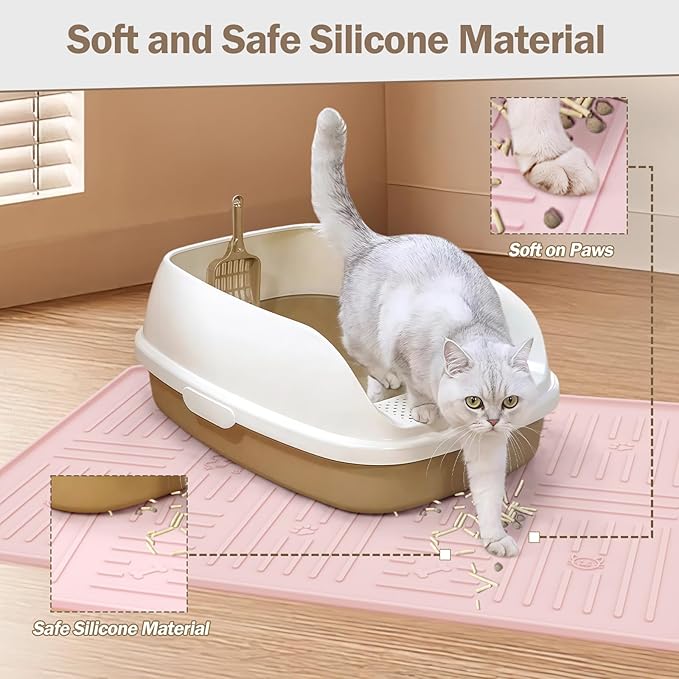 Large Silicone Cat Litter Mat, 34.3" X 24.8" Litter Trapping Mat, Soft and Waterproof Cat Litter Box Mats for Floor-Pink