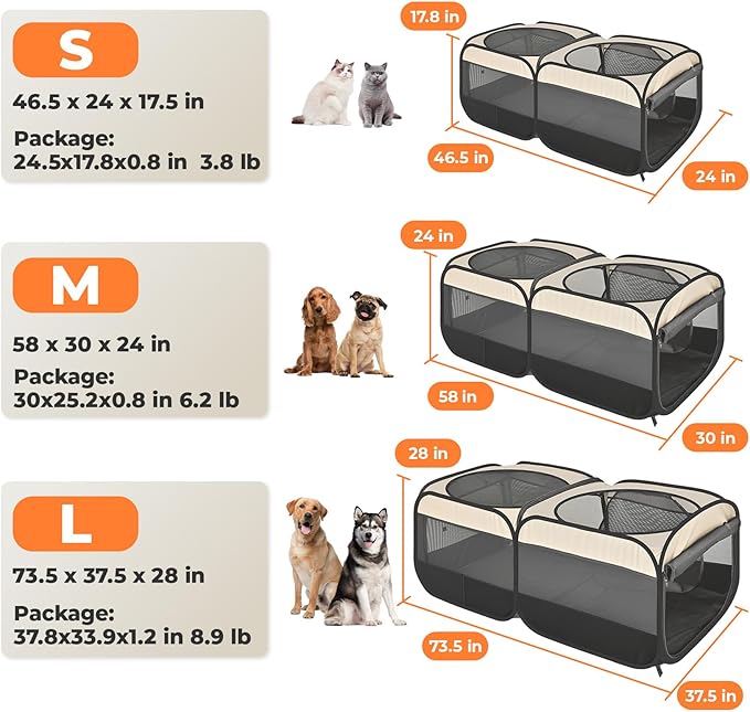 2-in-1 Dog Playpen 73.5''Pop Up Cat Pet Playpen, Assembly-Free Indoor Outdoor Kitten Enclosure, Kitten Pen Cat Cage Portable Puppy Tent Crates Kennel for Small Animals(No Divider, Unified Space)